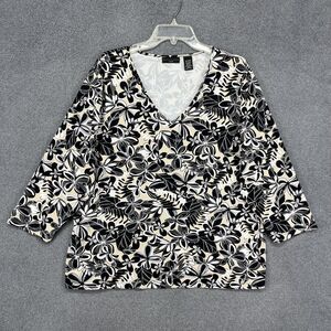 Apostrophe Shirt Womens 20W 22W Black Beige Floral V Neck 3/4‎ Sleeve Made USA